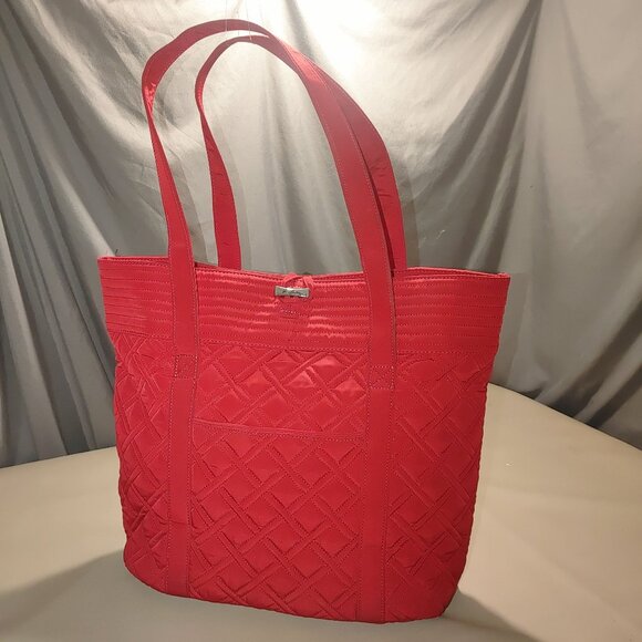 Large Vera Bradley Tall Quilted Red Tote Bag Interior Pockets Colorful Lining - Picture 13 of 13